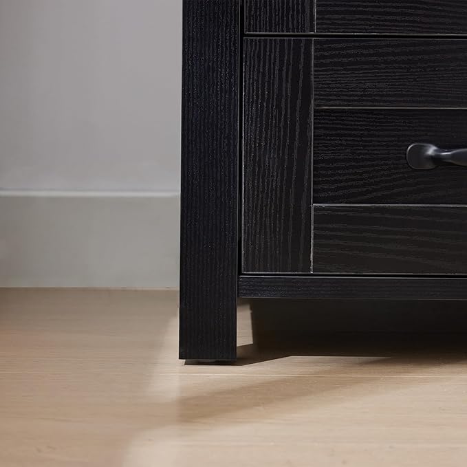 Farmhouse Nightstand Set of 2 with 2 Storage Drawers, Black Wood Bedside Table, Sturdy End Table with Shelf for Bedroom, Dorm, Living Room, Black