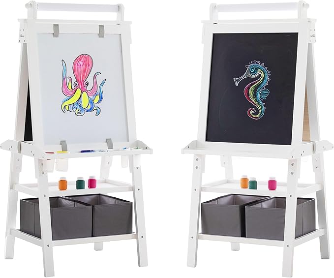 Little Partners Deluxe Learn 'N Play Toddler Easel for Kids, Two-Sided Art Center with Chalkboard, Magnetic Dry Erase Whiteboard, Paper Feed, Storage Bins, Paint Containers (Soft White)