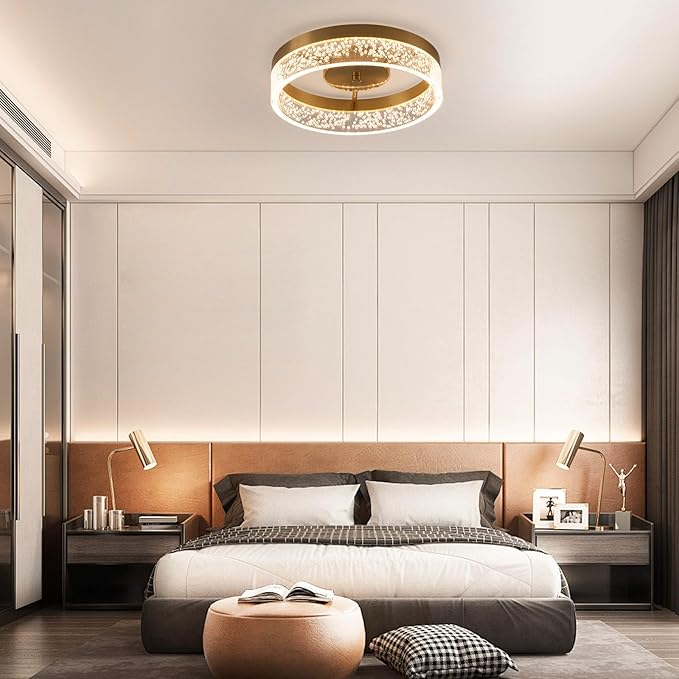 Jaycomey Modern LED Ceiling Light Fixture, 11.65" Flush Mount Kitchen Lighting Gold with Clear Seeded Acrylic Lampshade,Round Ceiling Lamp Lights for Hallway Dining Room