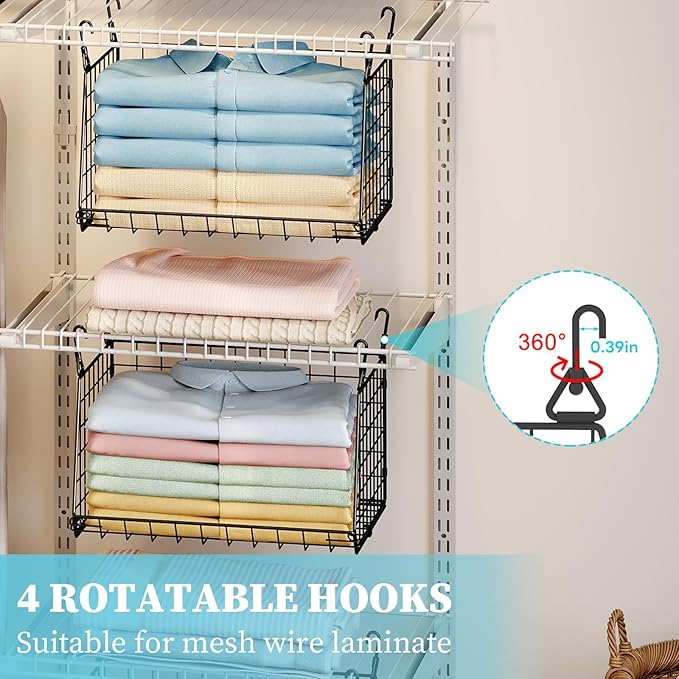 3-Tier Foldable Hanging Closet Organizer with 360° Rotating Hooks–Clothes Hanging Shelves for Small Spaces, Wire Basket Bin Storage for Closet Organizer System, Black
