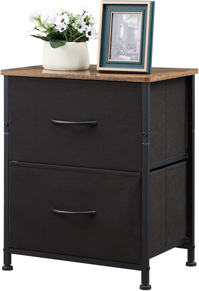 Somdot Nightstand Set of 2, Small Dresser for Bedroom with 2 Drawers,Night Stand Bedside Table End Table with Fabric Bins for Bedroom Kids Closet Dorm Guest Room, Black Rustic Brown