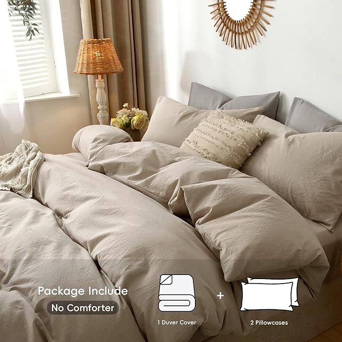 MooMee Bedding Duvet Cover Set 100% Washed Cotton Linen Like Textured Breathable Durable Soft Comfy (Heathered Taupe, Super King 108"x98")