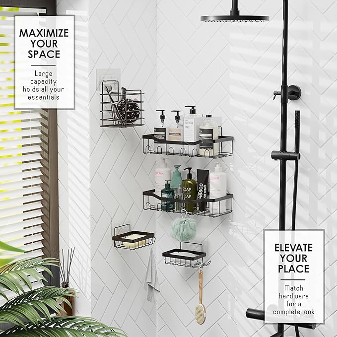 Bathroom Accessories Set with Shower Caddy and Bath Rugs 27PC Bathroom Accessory Set with Shower Caddies Black Bath Rugs, Shower Curtain Set, Toilet Brush, Trash Can, Soap Dispenser, Toothbrush holder