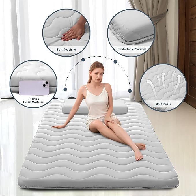 Japanese Floor Mattress, 100% High Density Comfortable Foam, 4" Thicken Grey Foldable Mattress Tatami Mat Sleeping Pad, Ideal for Comfort and Support, Kids Floor Lounger Pillow Bed Sofa (Queen）