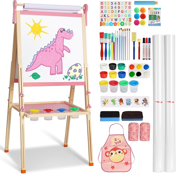 YOHOOLYO Kids Easel Wooden Children Art Easel Paper Roll,Double Sided Magnetic Whiteboard Chalkboard Dry Eraser Adjustable Height for Boys Girls Gifts