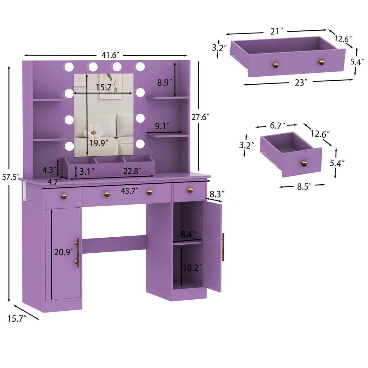 HUANLEGO Vanity Desk with Mirror and Lights, Makeup Vanity with Mirror and LED Lights & Power Outlet, 3 Drawers and Cabinets, 3 Lighting Modes Dressing Table Set for Girls Women Bedroom,Purple