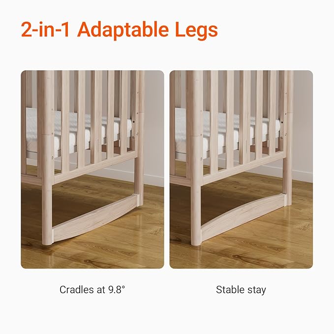 EvoNook 6-in-1 Convertible Mini Crib, 100% New Zealand Wood, 4 Adjustable Mattress Heights, Crib with Mattress, Washed Natural
