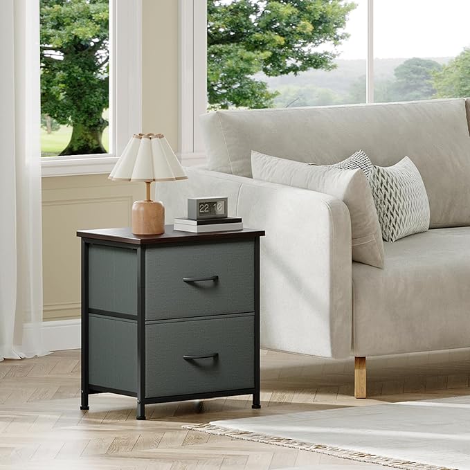 Somdot Nightstand with 2 Drawers, Bedside Table Small Dresser with Removable Fabric Bins for Bedroom Nursery Closet Living Room - Sturdy Steel Frame, Wood Top, Pull Handle - Charcoal Grey
