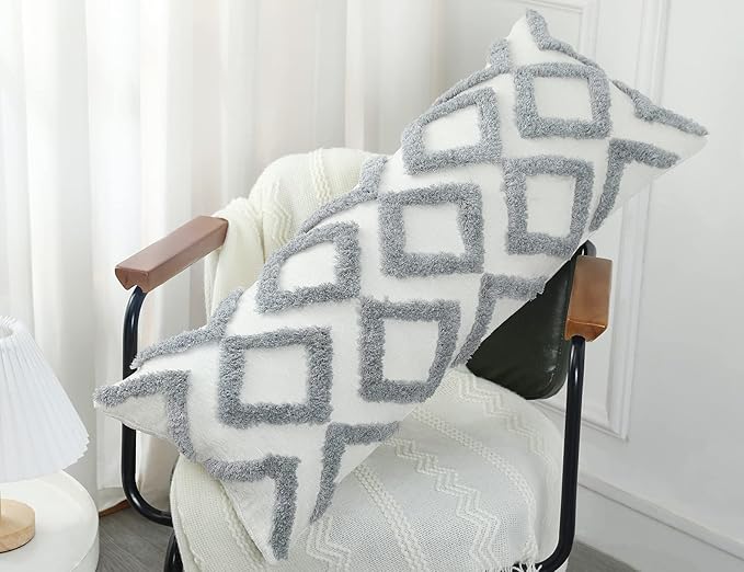 Diamond Pattern Extra Long Pillow Covers 14 x 36,Plush Chenille Decorative Long Lumbar Pillow Covers Pillow Case Cushion Case for Sofa Couch Bed Livingroom Farmhouse,Modern Boho,Grey