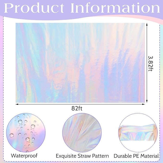 Preboun 82 ft x 54 Inch Iridescent Tablecloth Roll Disposable Plastic Laser Table Cover Holographic Wallpaper Backdrop for Mermaid Birthday Disco Wedding Bachelorette Party Decoration Supplies