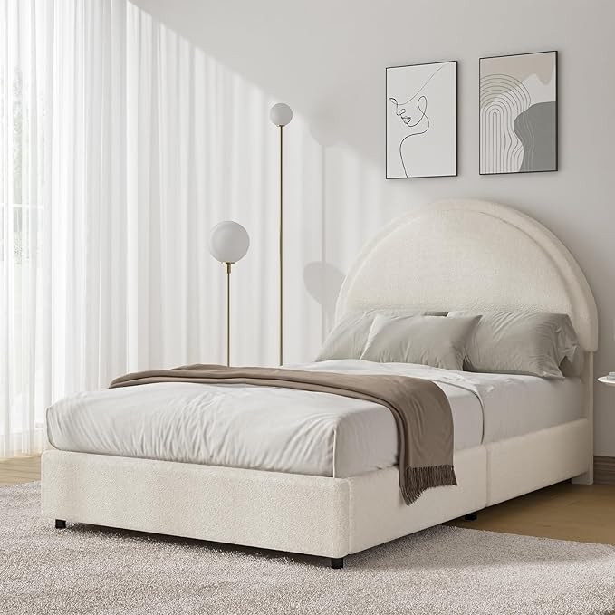 Twin Size Bed Frame, Boucle Upholstered Platform Bed with Headboard, Cloud Bed Frame with Soft Rounded Corners, No Box Spring Required, Easy Assembly, White