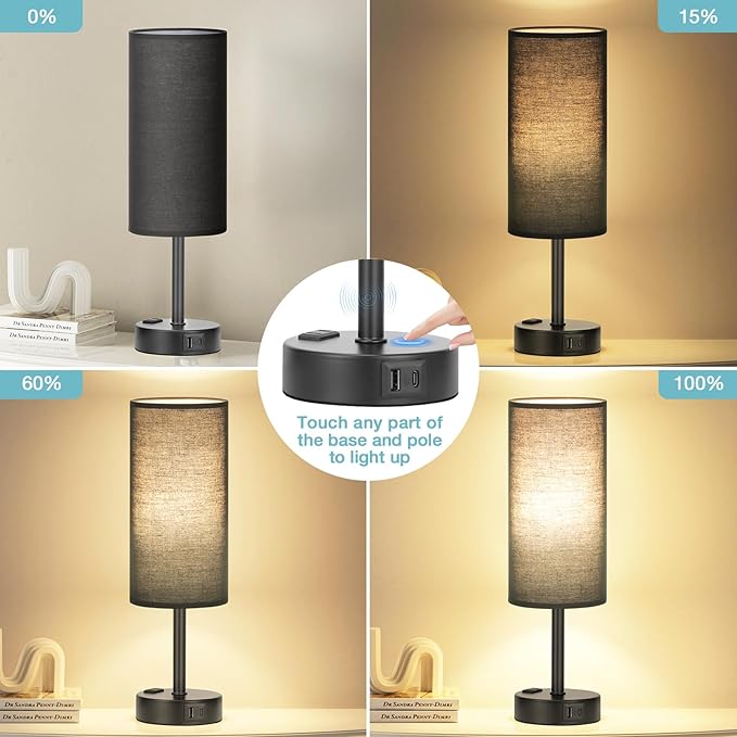 Black Bedroom Lamp for Nightstand - 3 Way Dimmable Bedside Lamp USB C A Charging Ports and AC Outlet, Small Table Lamp Black Base for Living Room, Office Desk, LED Bulb Included