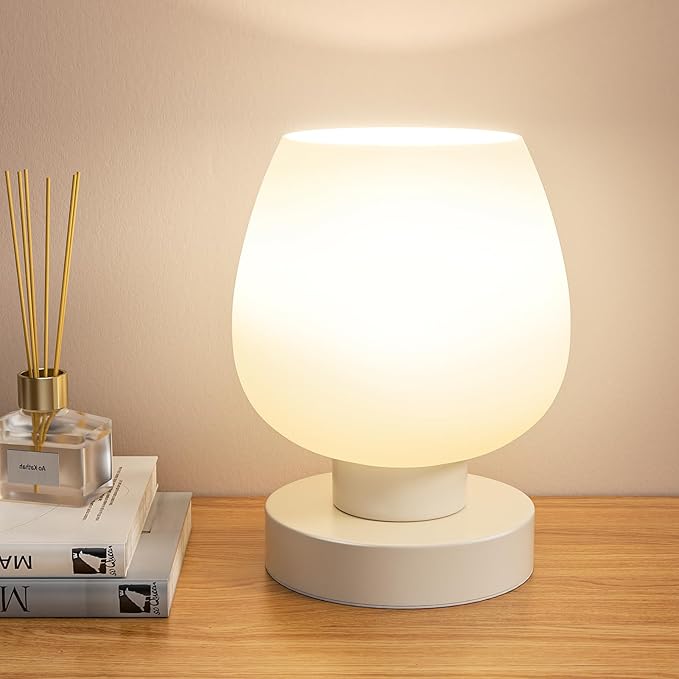 Touch Table Lamp for Nightstand - Small Bedside Lamp for Bedroom Living Room Night Stands, Desk Lamp with White Glass Shade for Small Spaces, 3 Way Dimmable, LED Bulbs, Gifts