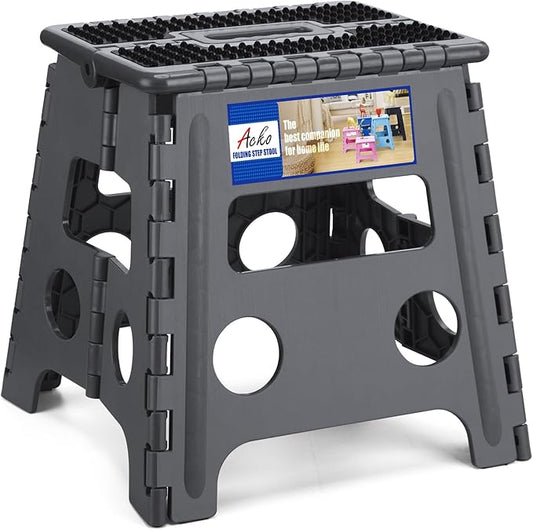 ACKO Folding Step Stool 13 inch Height Premium Heavy Duty Foldable Step Stools for Adults and Kids, Kitchen Plastic Small Collapsible Stepping Stool Hold Up to 300 LB Dot Grey (1 Pack)