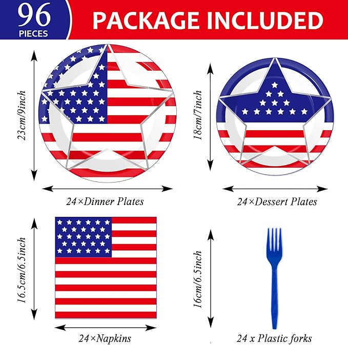 96 Pcs 4th of July Party Plates Napkins Tableware Set American Flag Supplies Disposable Dinnerware Patriotic Freedom Stars Party Decoration Favors for Independence Veterans Day Memorial Day, 24 Guest