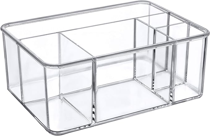 Amazing Abby - Glamour - Acrylic 5-Compartment Makeup Organizer, Transparent Plastic Beauty Supply Holder, Perfect Bathroom Vanity Storage Solution for Makeup Palettes, Makeup Brushes, and More