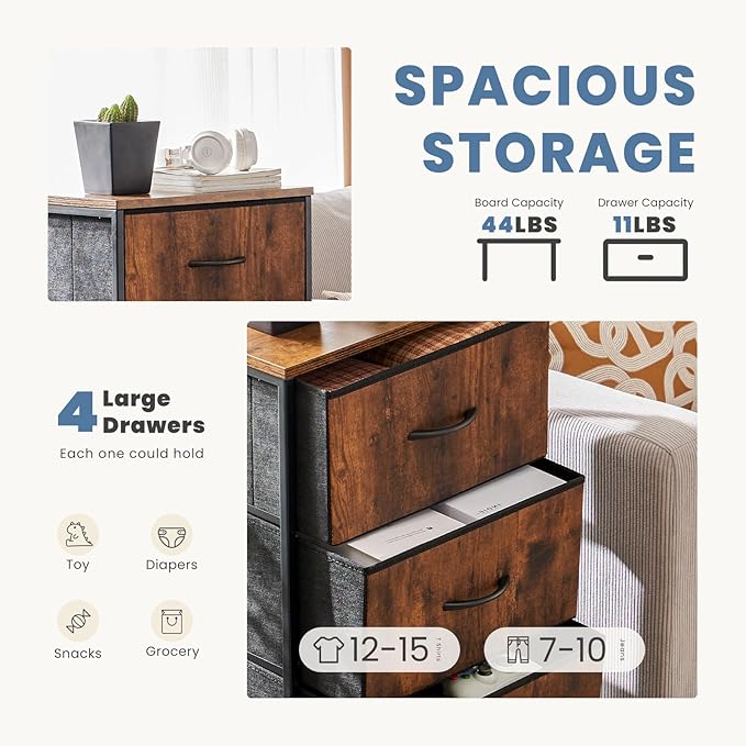 DUMOS Dresser for Bedroom 4 Drawers, Tall Fabric Closet Chests Organizer Tower Furniture with Wooden Top Metal Frame for Nursery, Living Room, Closet, Brown