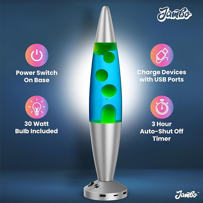 JAMBO 16-Inch Beautiful Lamp with Wax, Relaxing Night Light Home Decor, Extra Tall, Living Room Office Bedroom Lamp for Adults, Teens, Kids (USB, Auto Shut Off, Silver Base, Blue Liquid, Yellow Wax)