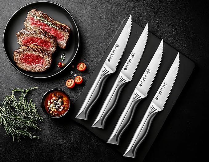 BRODARK Steak Knives Set of 8: 4.5 Inch Serrated Steak Knives - High Carbon Stainless Steel Kitchen Steak Knife Set - Never Need Sharpening - NSF Certified, Shark Series