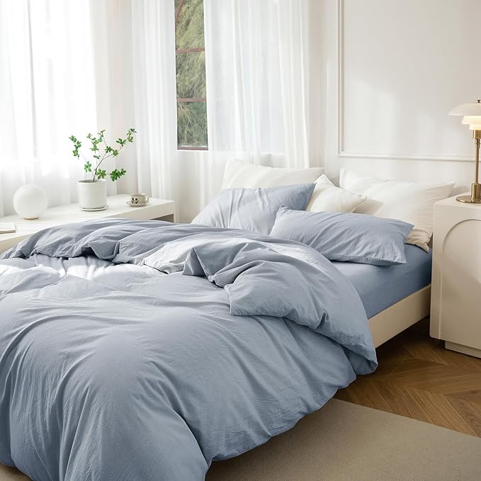 JIYUAN 100% Washed Cotton Duvet Cover Set 3 PCS Oversized Queen, 1 Duvet Cover 98"x98" (Comforter Not Included) and 2 Pillowcases,Linen Feel Bedding Set Comfy and Breathable, Heathered Light Blue