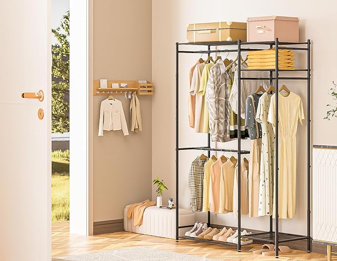 Portable Closets for Hanging Clothes, Freestanding Clothing Rack with 3 Hang Rods & 5 Shelves, Metal Wardrobe Garment Rack for Bedrooms Entrances