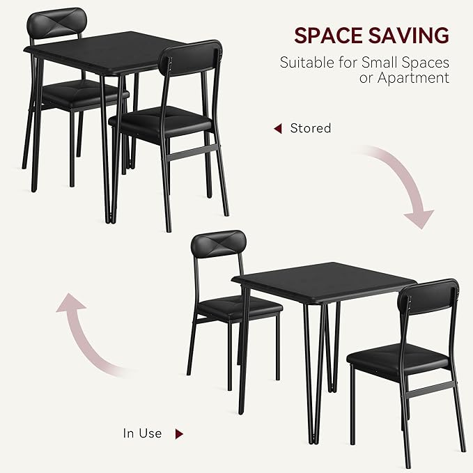 GarveeHome Dining Table Set for 2, Kitchen Table with Upholstered Chairs for Kitchen Room and Small Spaces (Black, Table with 2 Chairs)