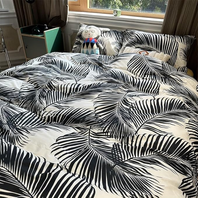 Black Palm Leaf Comforter Set Full Size Ultra Soft Down Alternative 3-Piece Palm Leaf Twin Size Bedding Set Soft and Breathable Comfortable