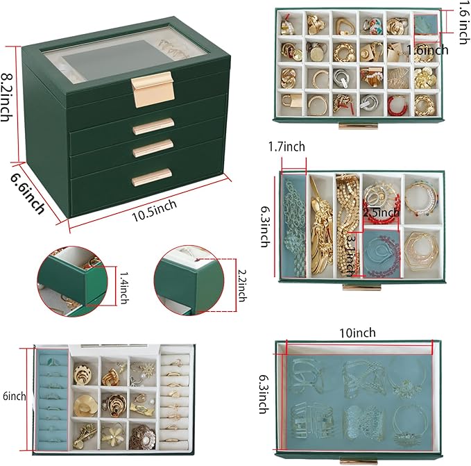 BOOVO Jewelry Boxes for Women, White and Black 6 Layer Large Jewelry Box for Necklace, Bracelet, Earrings, Rings Storage, Jewelry holder Organizer for Girls Gift (Dark Green, 4 layer)