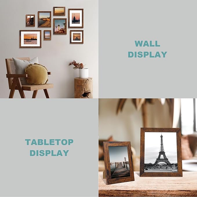 8x12 Picture Frame Set of 4 with High Definition Real Glass, Display 6x8 Pictures with Mat or 8 x 12 Without Mat, Rustic Photo Frames for Tabletop and Wall Mounting
