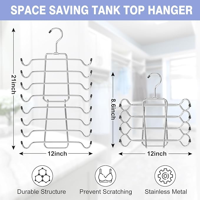 4Pcs Tank Top Hangers Space Saving Hanger Organizer Bra Hangers for Closet Organizer 360° Rotating Metal Closet Organizers and Storage Lingerie Hangers for Cami Bras Belts Swimsuits Lingeries Silver
