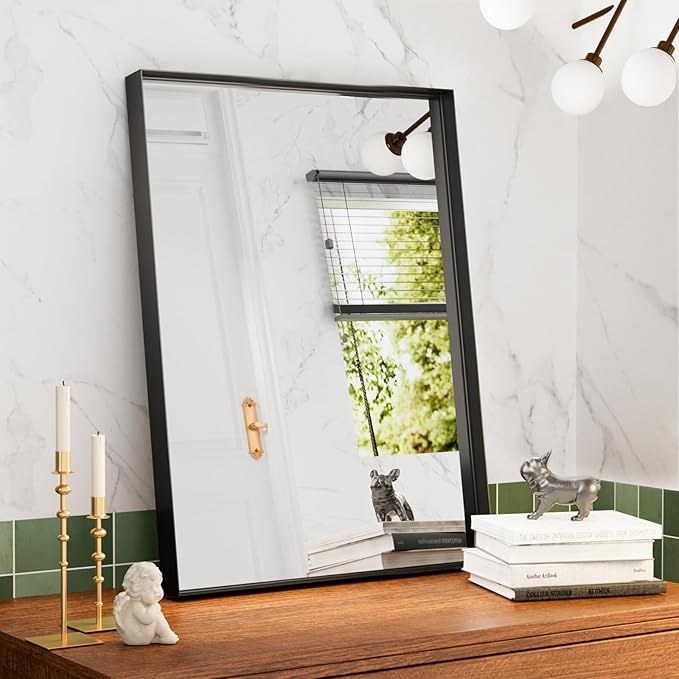 20”x 28” Black Bathroom Mirrors for Over Sink, Square Corner Rectangle Mirror, Bathroom Vanity Mirror, for Bedroom Living Room Entryway Decor, Tempered Glass, Hangs Horizontal/Vertical