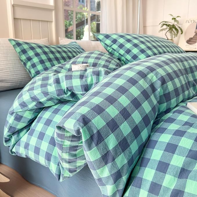 FACE TWO FACE Bedding Duvet Cover Set100% Washed Cotton Duvet Cover Linen Like Textured Breathable Durable Soft Comfy (California King, Blue Green Grid)