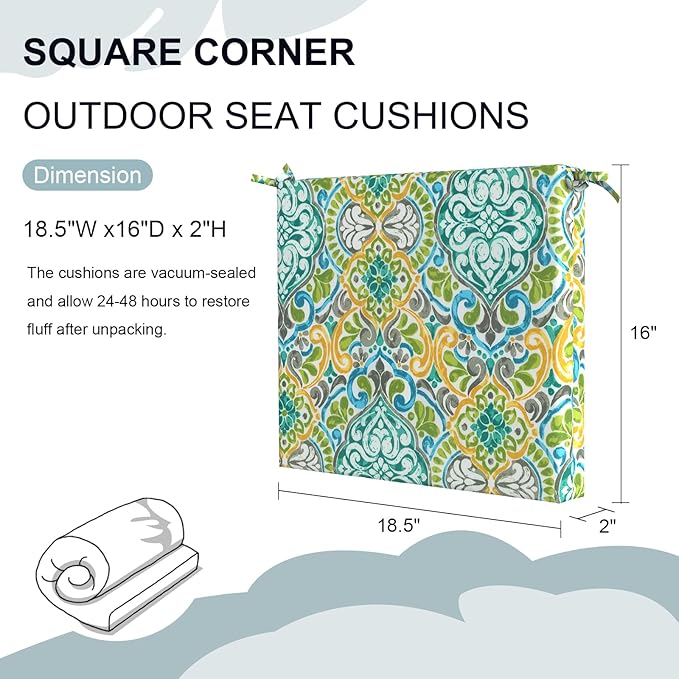 Set of 2 Outdoor Square Chair Cushions 18.5"x16"x2" for Patio, Water Resistant Patio Dining Seat Pads Replacement for Kitchen Garden and Outdoor Furniture Decoration - Damask Green