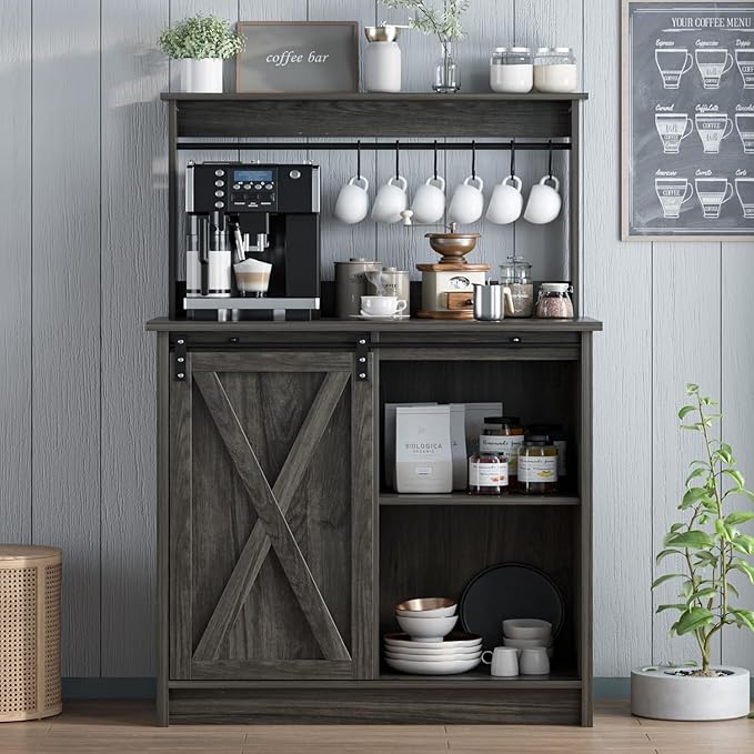 4ever2buy Farmhouse Coffee Bar Cabinet with Storage, Grey Coffee Bar with 6 Hooks, Buffet Table with Sliding Barn Door, Wine Bar Cabinet with Adjustable Shelf for Living Dining Roome