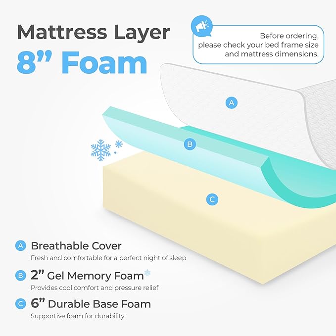 Neo Sleep 8 Inch Queen Cooling Gel Memory Foam Mattress Medium Firm CertiPUR-US Certified Foam, Mattress in a Box Enhanced Pressure Relief Removable Soft Cover No Fiberglass (Queen, 8 in)