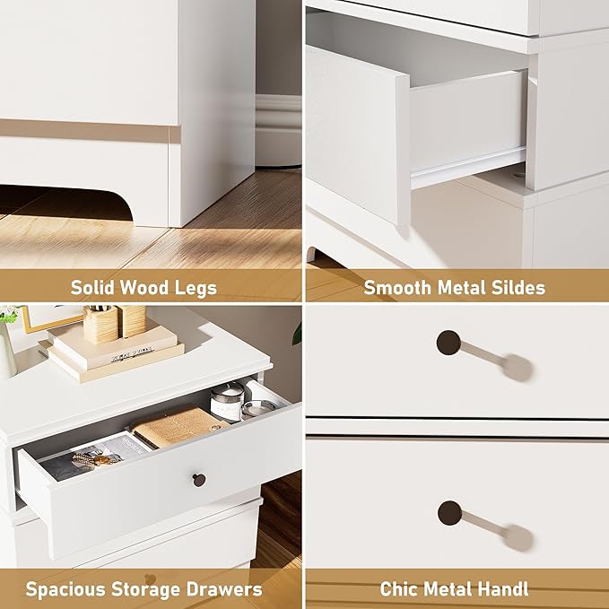 Farmhouse Nightstand with 3 Drawers, 24" End Table & Modern Bedside Table with Charging Station, Wood Nightstands Storage Cabinet for Bedroom Hallway, Entryway, White Set of 2