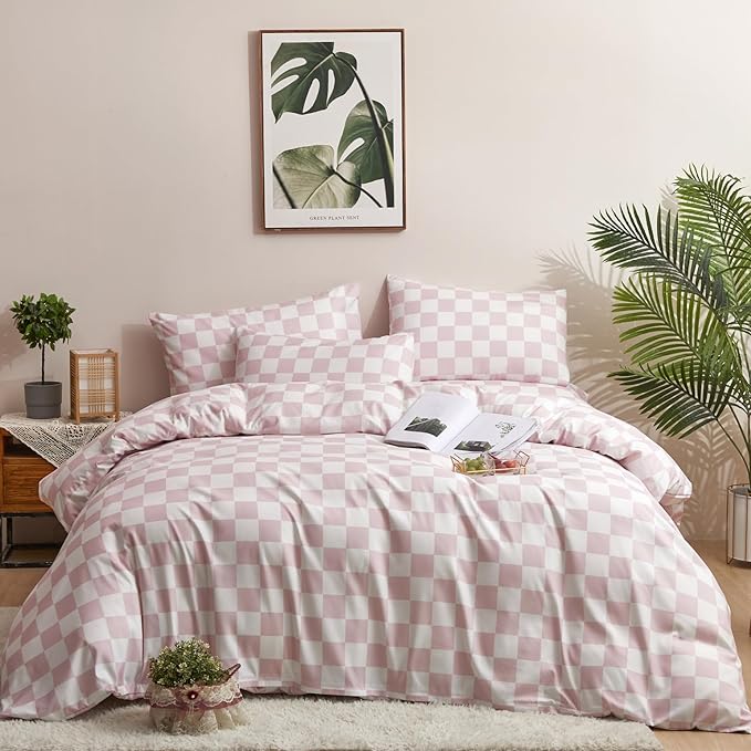 Pink and White Checkered Comforter Set Queen Comforter Set 3 Piece Bedding Set with Lightweight Comforter and 2 Pillowcases Soft Microfiber All-Season