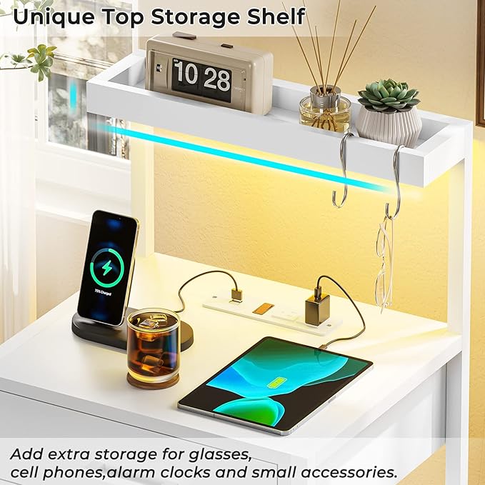 Nightstand with Charging Station and LED Lights, LED Night Stand with 2 USB Ports and 2 AC Outlets, Modern End Table with 3 Drawers, Bedside Table with Open Storage for Bedroom, White