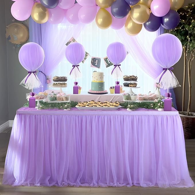 9ft Lavender Tulle Table Skirts for Rectangle Tables or Round Tables Lavender Ruffle Tutu Tablecloth for Girls Baby Shower Birthday Party Wedding Cake Dessert Table Decorations