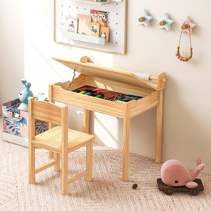 Costzon Kids Table and Chair Set, Flip Top Kids Art Craft Table w/Chair for Playroom Kindergarten, Toddler Drawing Writing Desk Set w/Paper Roll & 2 Markers, Gift for Boys Girls Ages 3+ (Natural)