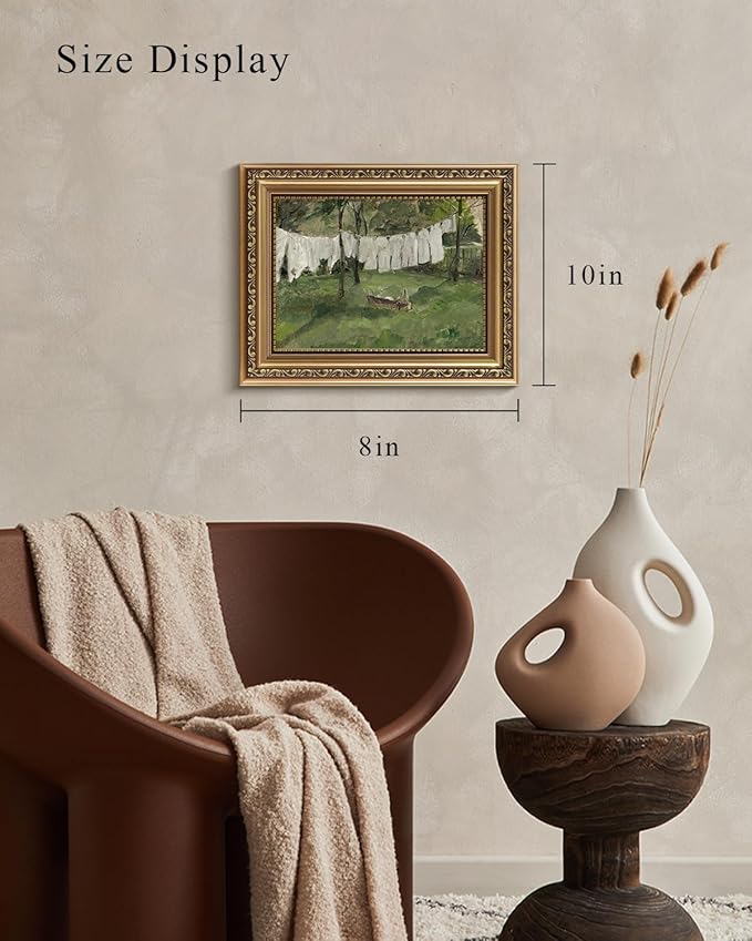 VIYYIEA Gold Framed Wall Art, Drying White Clothes Canvas Print Home Decor Vintage Art Painting Picture Bathroom Wall Decor, Oil Artwork for Living Room Bedroom Kitchen Office - 10L x 8W