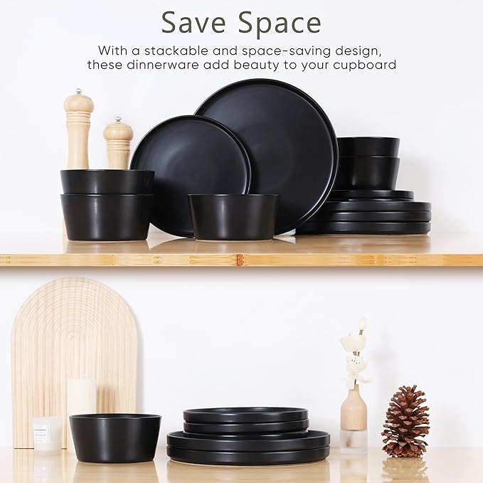 Herogo 24 Pieces Stoneware Dinnerware Set, Service for 8, Dinner Plates and Bowls Sets, Double Reactive Glaze Dishes Set for Kitchen, Scratch Resistant, Dishwasher Safe, Matte Black
