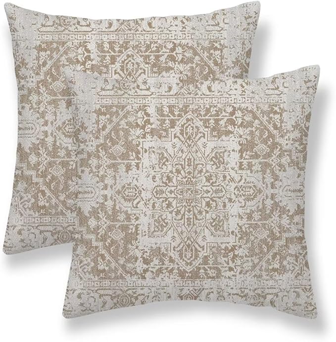 Boho Pillow Covers 16x16 Set of 2, Brown Beige Carpet Pattern Outdoor Decorative Throw Pillows Ethnic Rustic Farmhouse Cushion Cases Linen Gifts for Couch Sofa Decor