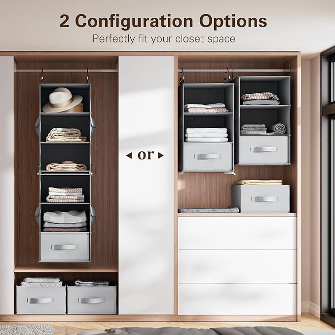 Pipishell 6-Shelf Hanging Closet Organizer, Hanging Shelves with 2 Separable 3-Tier Shelves, Closet Shelves Organizer with 3 Removable Drawers for Wardrobe, Nursery, Baby Clothes Organizer, Gray