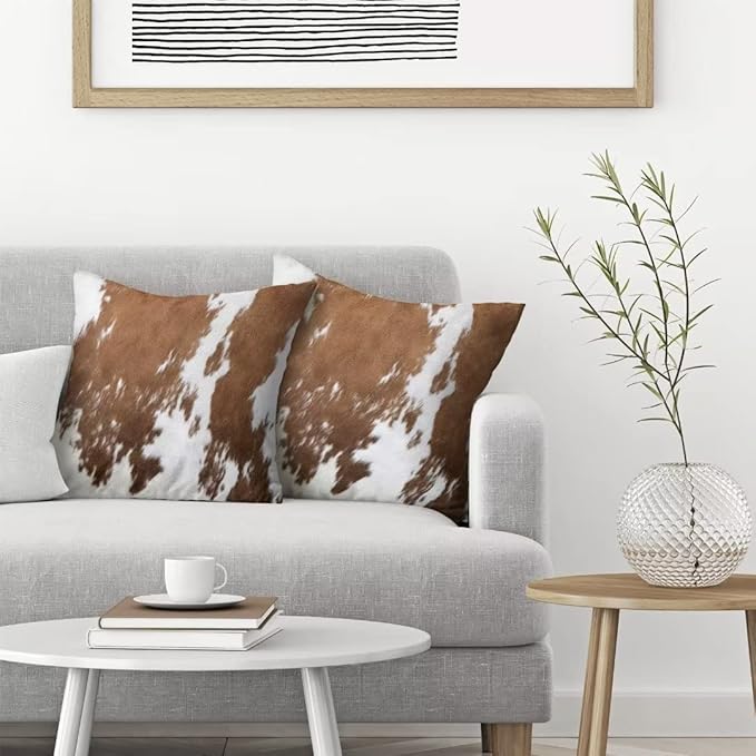 BETGINY Cow Print Pillow Covers 20X20 Inch Pack of 2, Western Brown Cowhide Throw Pillow Covers Square Farmhouse Animal Cow Print Cushion Cases for Bedroom Living Room Home Sofa Patio Outdoor