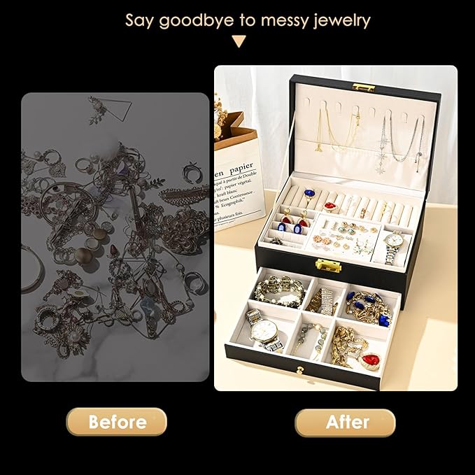 Jewelry Box for Women Girl Wife - Large PU Leather Jewelry Organizer Storage Case with Two Layers Display for Earrings Bracelets Rings Watches (Black)