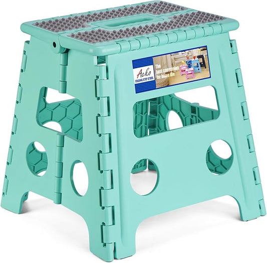 ACKO Folding Step Stool 13 Inch Stool Heavy Duty Plastic Foldable Step Stools for Kids, Stepping Stool with Handle, Folding Stool Suitable for Kitchen Hold Up to 300 LB (Teal 1PC)