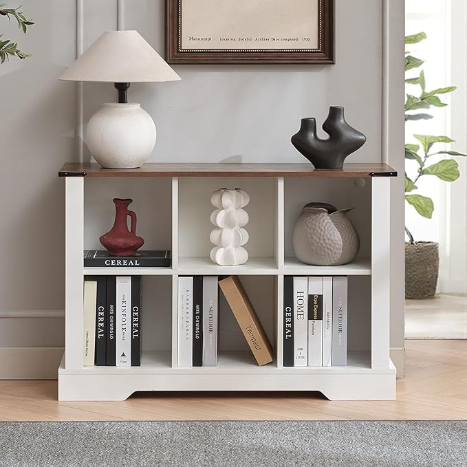 6 Cube Storage Organizer, 2 Tier Bookshelf, Vintage Wood Bookcase with Led Lights, Toy Storage Shelf, Wall Cube Shelves for Bedroom, Kids, Home Office, Living Room (White, 6)