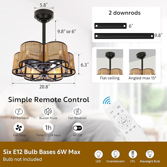 Ceiling Fans with 6-Bulb Lights and Remote, Flower Shaped Ceiling Light with 6 Adjustable Speed and for Bedroom, Kitchen and Living Room, Rattan Shade