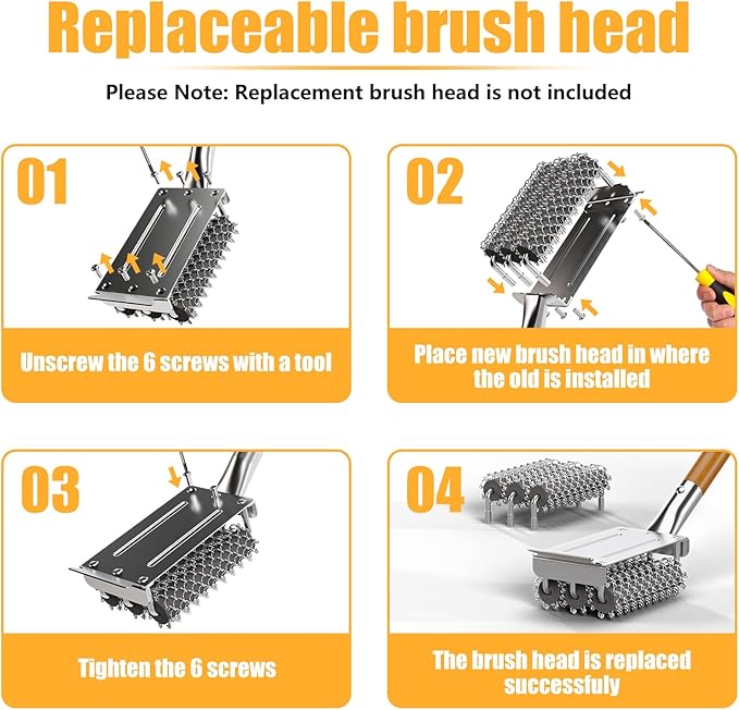 HOUSE AGAIN Grill Brush Bristle Free, 304 Stainless Steel Food-Grade Brush Head with Scraper, Safe BBQ and Grill Grate Cleaner Non Wire, Outdoor Grill Cleaning Brush w/Wooden Handle Gift for Men/Dad